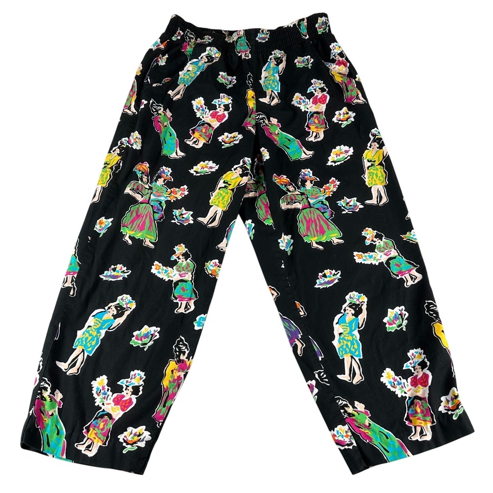 VTG Alexander Campbell Pants Women 8 Black Cropped Novelty Art Print Hula Dancer